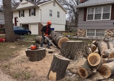 Antos crew member wearing a helmet, ear and face protection and gloves cutting a log with a chainsaw